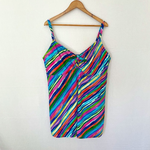 SWIMSUITS FOR ALL Size 24D/DD One Piece Swim Dress Multi Color Stripes NEW - Picture 1 of 10